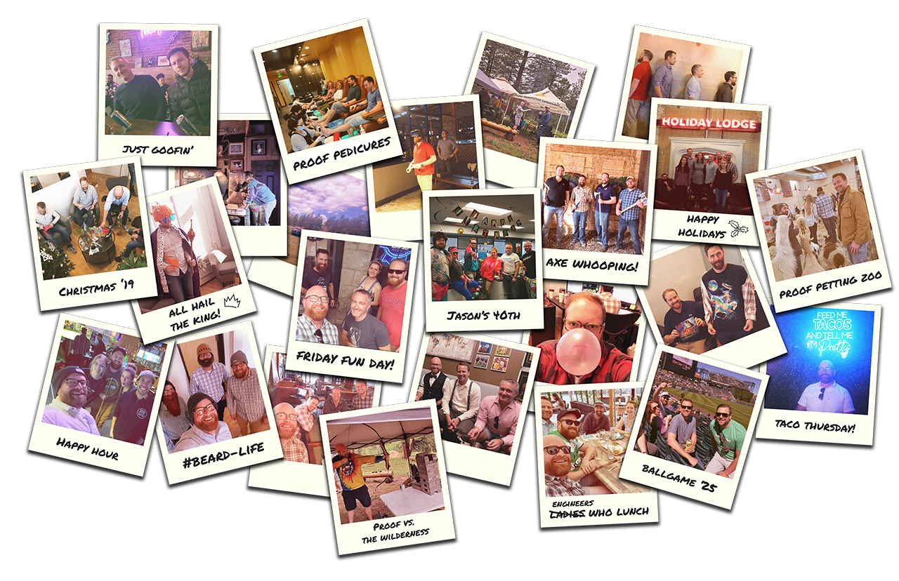 A messy collage of Polaroid photos from Proof Civil team trips, campfires, site visits, and office moments